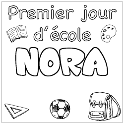 Coloriage prénom NORA - décor Premier jour d'école