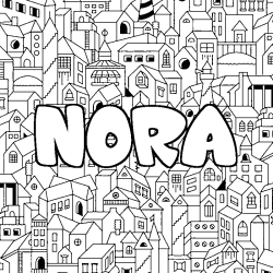 Coloriage prénom NORA - décor Ville