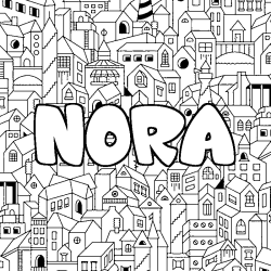 Coloriage pr&eacute;nom NORA - d&eacute;cor Ville