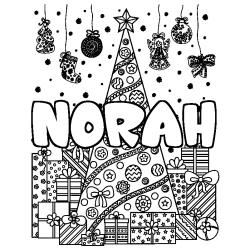Coloriage prénom NORAH - décor Sapin et Cadeaux