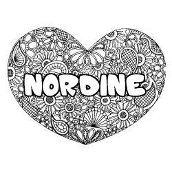 Coloriage pr&eacute;nom NORDINE - d&eacute;cor Mandala coeur