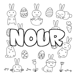 Coloriage pr&eacute;nom NOUR - d&eacute;cor Paques