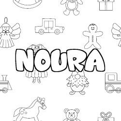 Coloriage pr&eacute;nom NOURA - d&eacute;cor Jouets