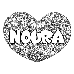 Coloriage pr&eacute;nom NOURA - d&eacute;cor Mandala coeur