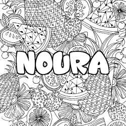 Coloriage prénom NOURA - décor Mandala fruits