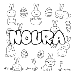Coloriage prénom NOURA - décor Paques