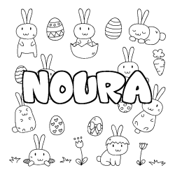 Coloriage pr&eacute;nom NOURA - d&eacute;cor Paques