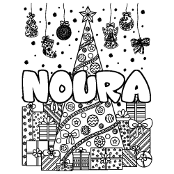 Coloriage prénom NOURA - décor Sapin et Cadeaux