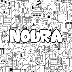 Coloriage prénom NOURA - décor Ville