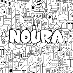 Coloriage pr&eacute;nom NOURA - d&eacute;cor Ville