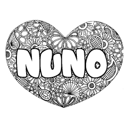 Coloriage pr&eacute;nom NUNO - d&eacute;cor Mandala coeur