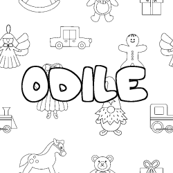 Coloriage pr&eacute;nom ODILE - d&eacute;cor Jouets
