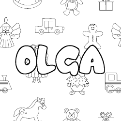 Coloriage prénom OLGA - décor Jouets
