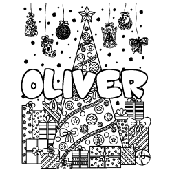 Coloriage prénom OLIVER - décor Sapin et Cadeaux