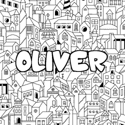 Coloriage pr&eacute;nom OLIVER - d&eacute;cor Ville