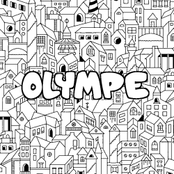 Coloriage prénom OLYMPE - décor Ville