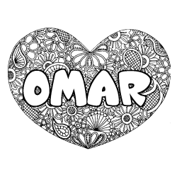 Coloriage pr&eacute;nom OMAR - d&eacute;cor Mandala coeur