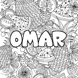 Coloriage pr&eacute;nom OMAR - d&eacute;cor Mandala fruits