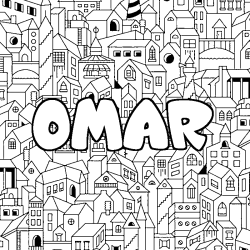 Coloriage prénom OMAR - décor Ville