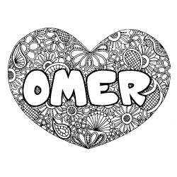 Coloriage pr&eacute;nom OMER - d&eacute;cor Mandala coeur