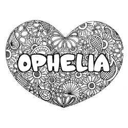 Coloriage prénom OPHELIA - décor Mandala coeur