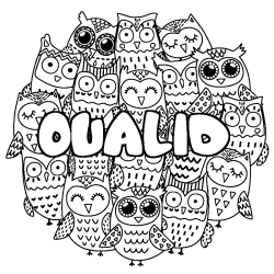 Coloriage pr&eacute;nom OUALID - d&eacute;cor Chouettes