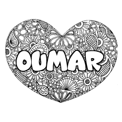 Coloriage pr&eacute;nom OUMAR - d&eacute;cor Mandala coeur