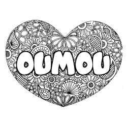 Coloriage pr&eacute;nom OUMOU - d&eacute;cor Mandala coeur
