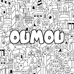 Coloriage pr&eacute;nom OUMOU - d&eacute;cor Ville
