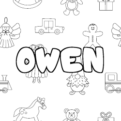 Coloriage prénom OWEN - décor Jouets