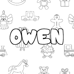 Coloriage pr&eacute;nom OWEN - d&eacute;cor Jouets