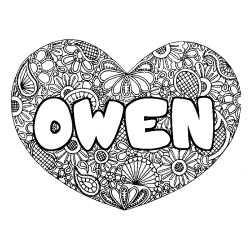 Coloriage pr&eacute;nom OWEN - d&eacute;cor Mandala coeur
