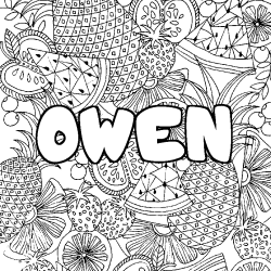 Coloriage pr&eacute;nom OWEN - d&eacute;cor Mandala fruits