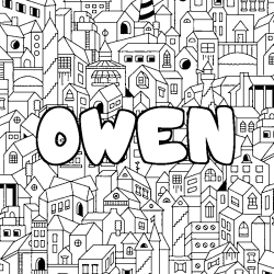 Coloriage pr&eacute;nom OWEN - d&eacute;cor Ville