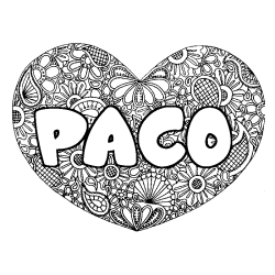Coloriage pr&eacute;nom PACO - d&eacute;cor Mandala coeur