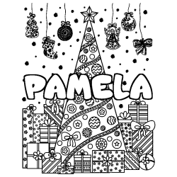 Coloriage prénom PAMELA - décor Sapin et Cadeaux