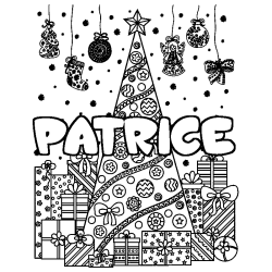 Coloriage pr&eacute;nom PATRICE - d&eacute;cor Sapin et Cadeaux