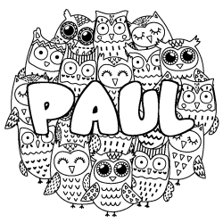 Coloriage pr&eacute;nom PAUL - d&eacute;cor Chouettes
