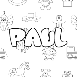 Coloriage pr&eacute;nom PAUL - d&eacute;cor Jouets