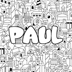 Coloriage pr&eacute;nom PAUL - d&eacute;cor Ville