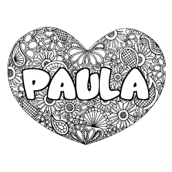 Coloriage pr&eacute;nom PAULA - d&eacute;cor Mandala coeur