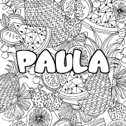 Coloriage pr&eacute;nom PAULA - d&eacute;cor Mandala fruits
