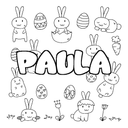 Coloriage pr&eacute;nom PAULA - d&eacute;cor Paques