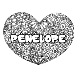 Coloriage prénom PÉNÉLOPE - décor Mandala coeur