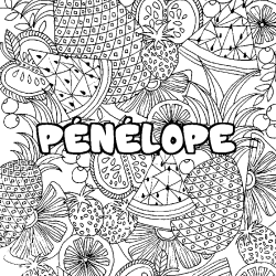Coloriage prénom PÉNÉLOPE - décor Mandala fruits