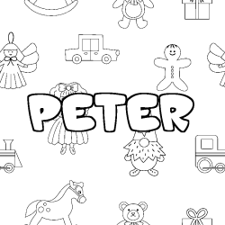 Coloriage pr&eacute;nom PETER - d&eacute;cor Jouets