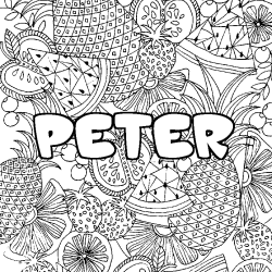 Coloriage pr&eacute;nom PETER - d&eacute;cor Mandala fruits