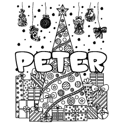 Coloriage prénom PETER - décor Sapin et Cadeaux