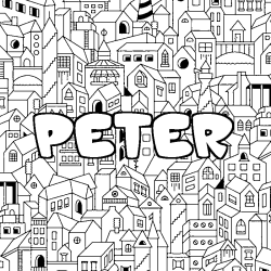 Coloriage pr&eacute;nom PETER - d&eacute;cor Ville