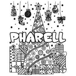 Coloriage pr&eacute;nom PHARELL - d&eacute;cor Sapin et Cadeaux